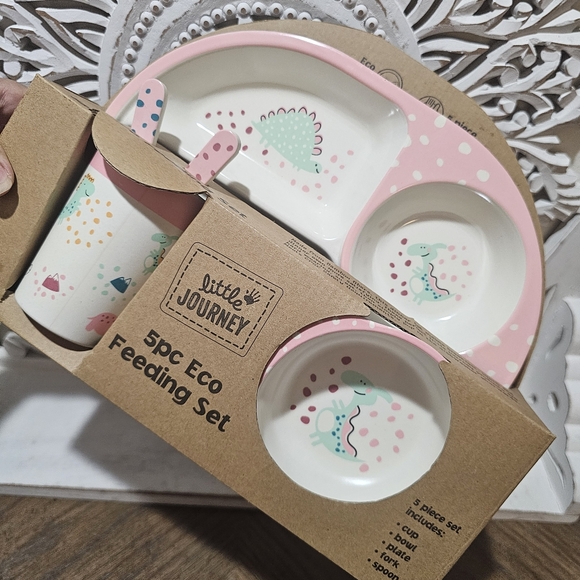 little journey Other - NEW Little Journey 5pc Bamboo Dinsour Kids Feeding Set Plate Cup Bowl Spoon Fork
